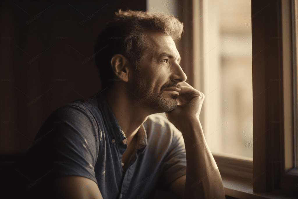 Hombre reflexionando solo tras una ruptura, mirando por la ventana.