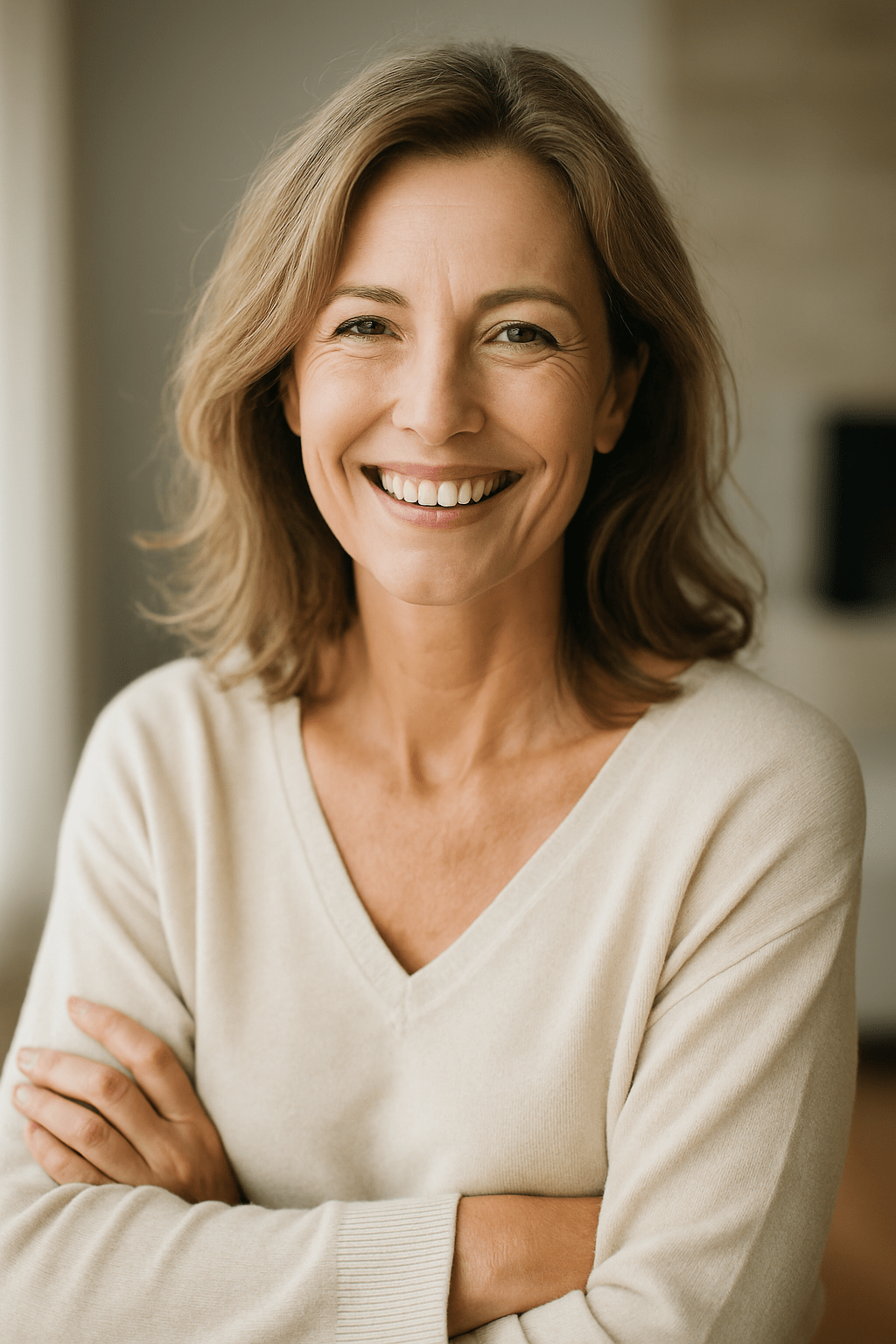 Mujer sonriente de mediana edad representando el empoderamiento a través del Love Coaching