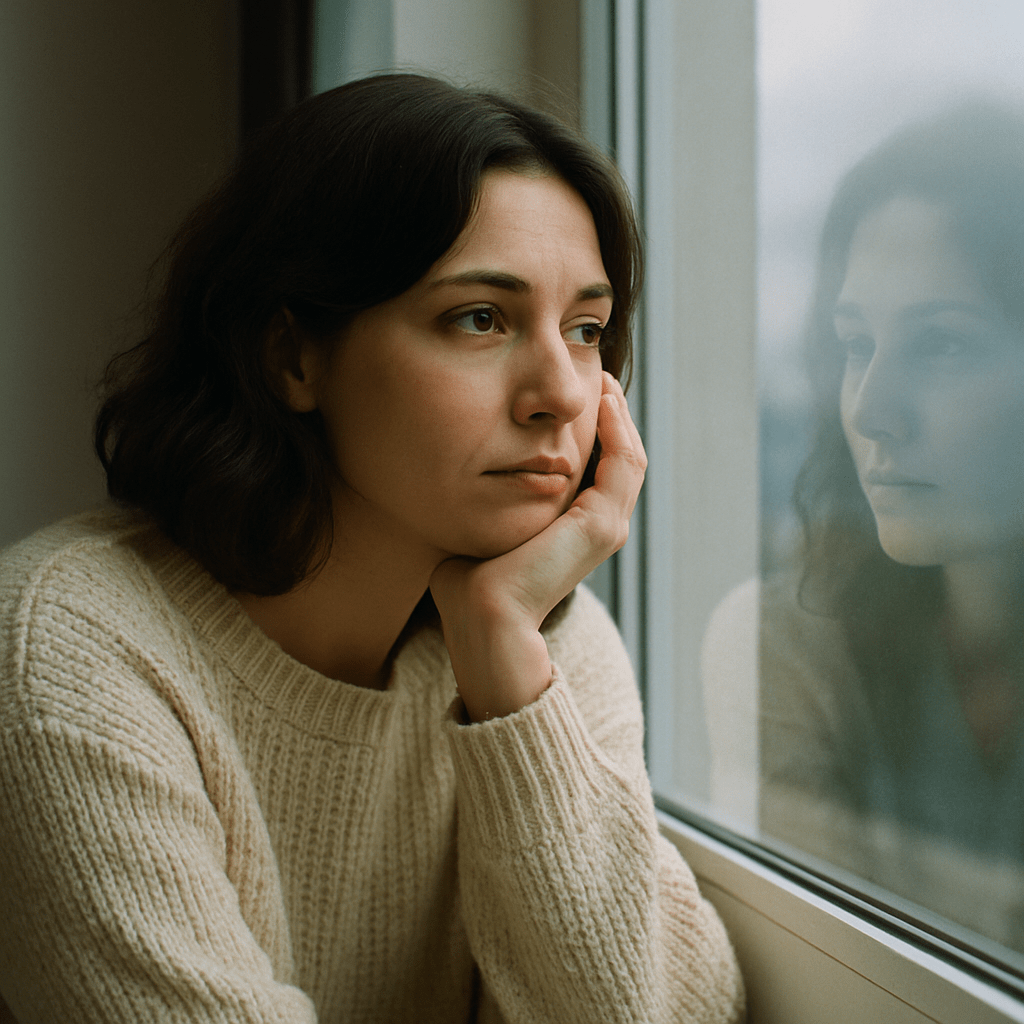 Mujer reflexionando sobre sus relaciones pasadas y el deseo de cambio.