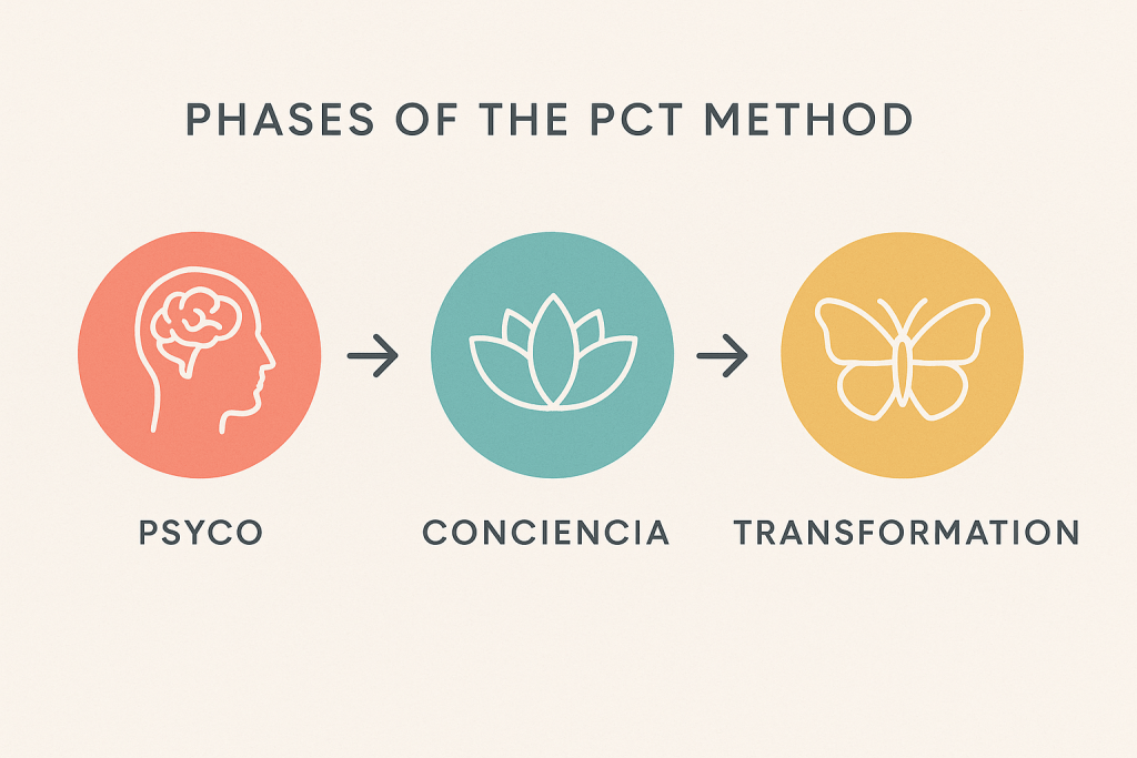 Infografía de las fases Psico, Conciencia y Transformación del método PCT.