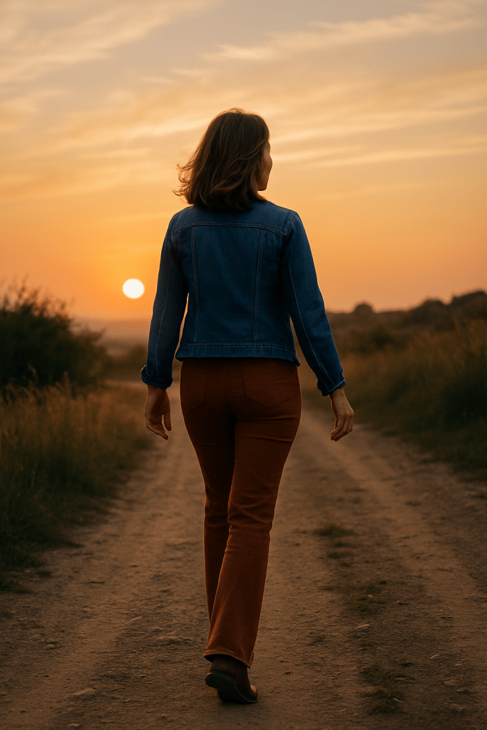 Mujer empoderada caminando hacia el futuro después de un proceso de transformación personal.